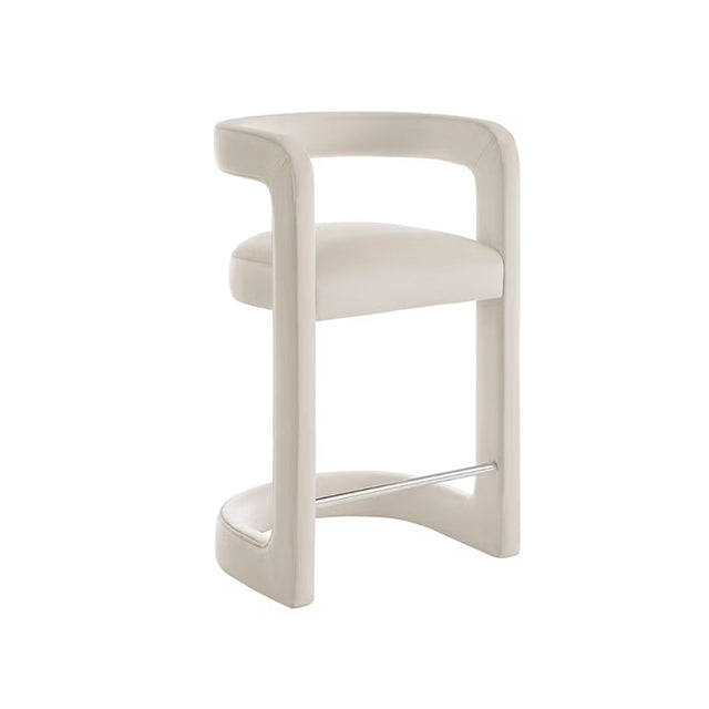 white velvet barstool rental, modern barrel back stool, Coppen stool, designer event seating, performance fabric barstool