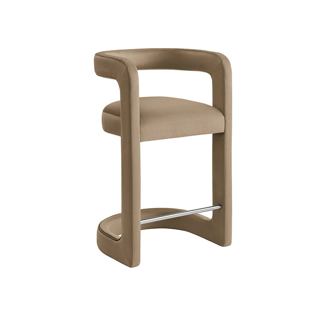 taupe velvet barstool rental, modern barrel back stool, Coppen stool, designer event seating, performance fabric barstool