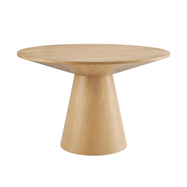 oak round dining table rental, modern pedestal café table, wood event table, 47 inch oak table, contemporary oak table rental