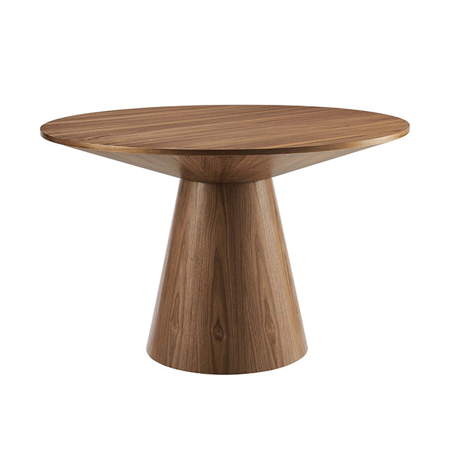 walnut round dining table rental, modern pedestal café table, wood event table, 47 inch walnut table, contemporary walnut table rental