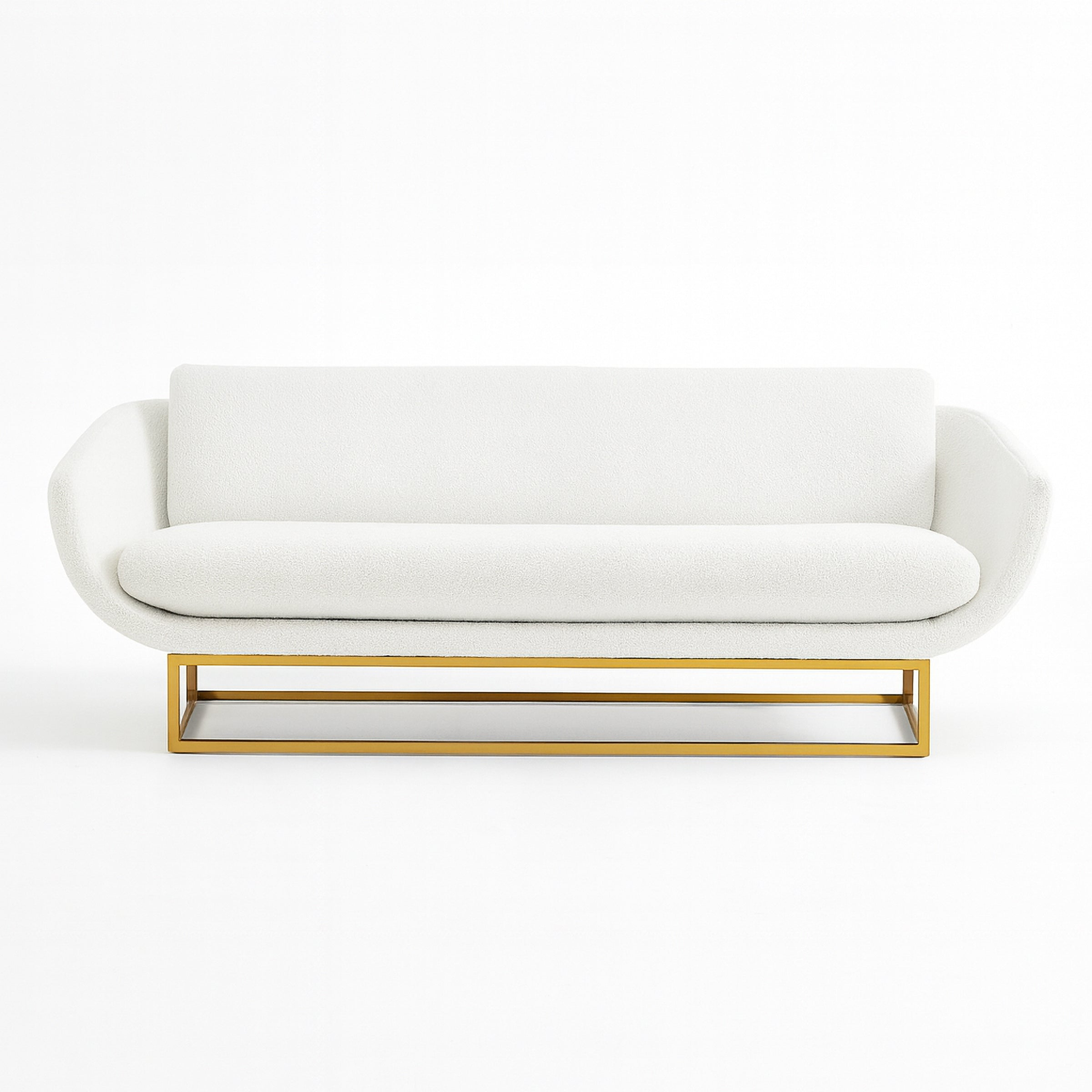 mustard upholstered Solitaire sofa with single bench cushion wrapped in velvet. metal base