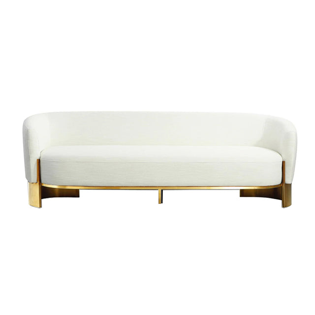 mustard upholstered Solitaire sofa with single bench cushion wrapped in velvet. metal base