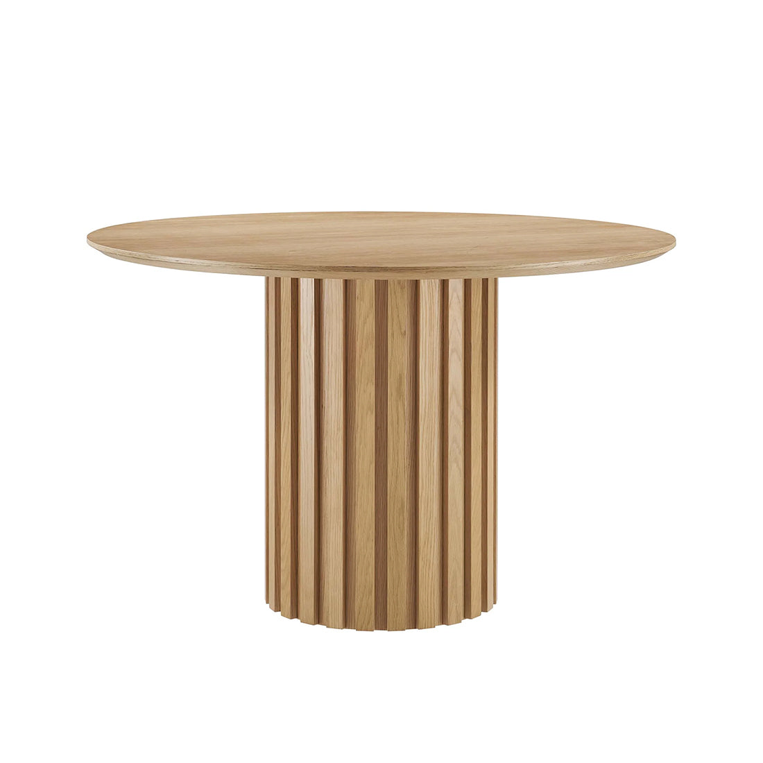 oak fluted base table rental, modern round café table, 45 inch event table, sculptural wood dining table, designer oak pedestal table