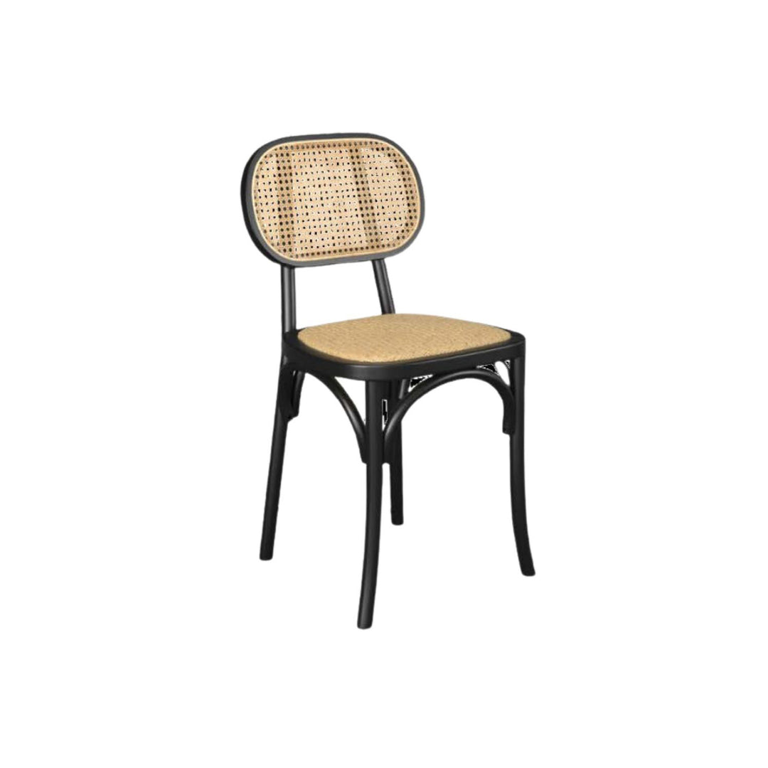 Seat upholstered in textile and backrest in cannage type natural fiber mesh.