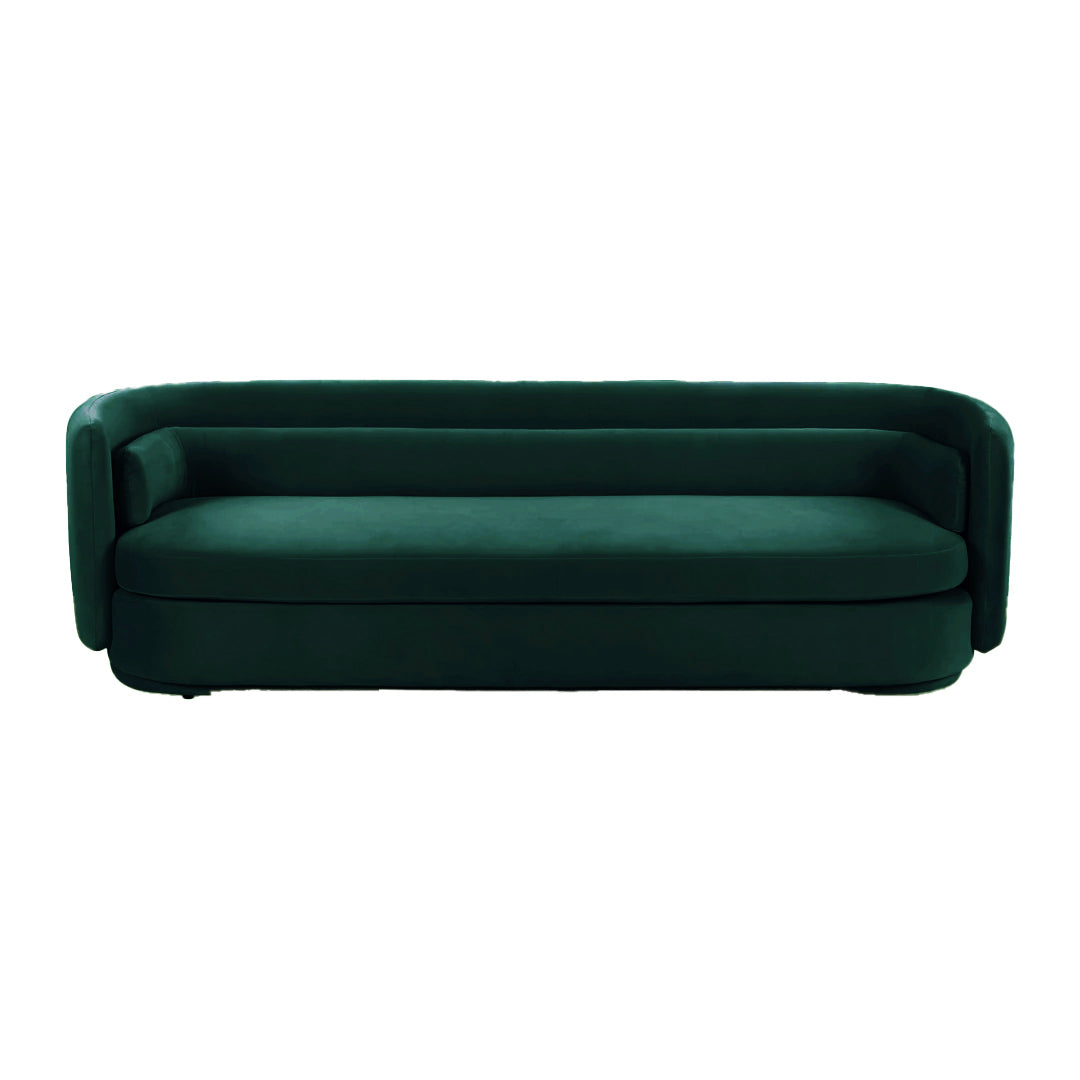velvet upholstery sofa in emerald green color, featuring deep cushioning and elegant tufted backrest, perfect for luxurious event seating.