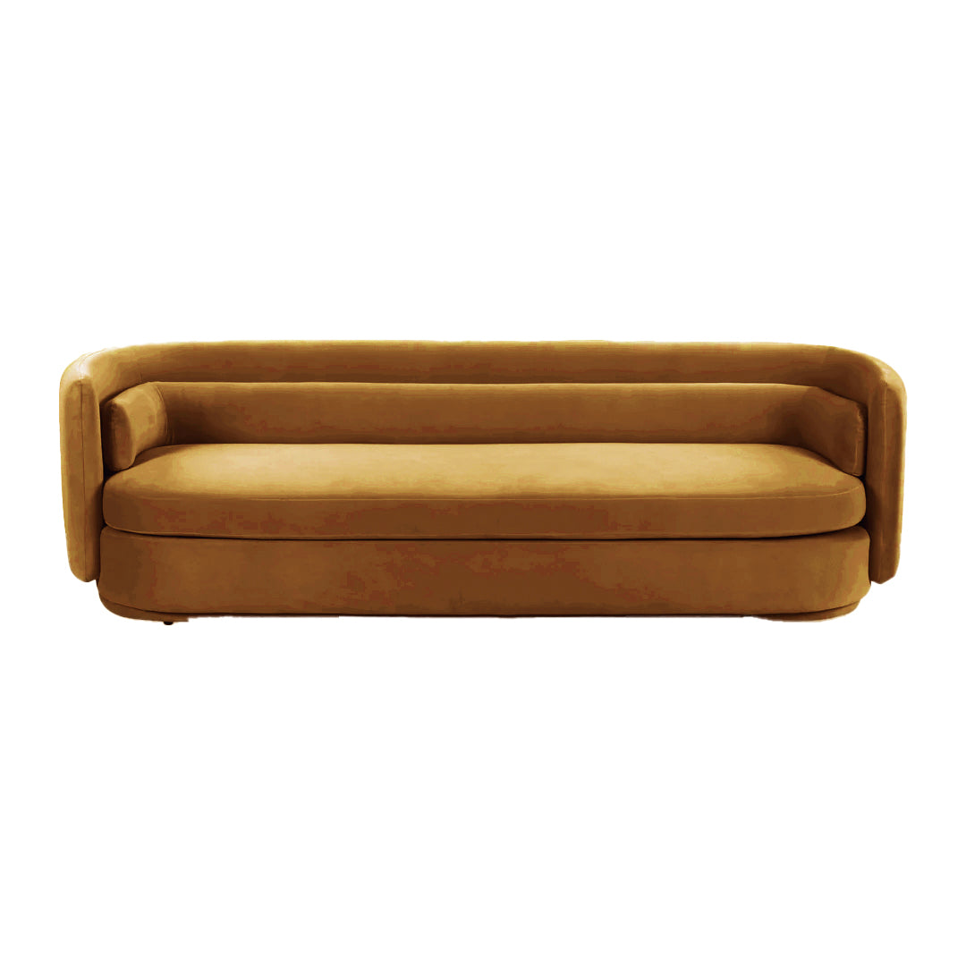 velvet upholstery sofa in mustard color, featuring deep cushioning and elegant tufted backrest, perfect for luxurious event seating.