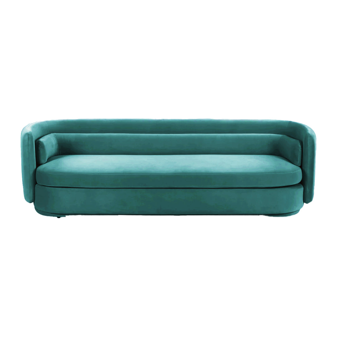velvet upholstery sofa in teal color, featuring deep cushioning and elegant tufted backrest, perfect for luxurious event seating.