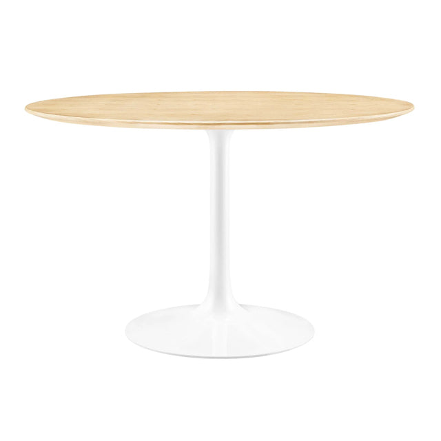 oak round table rental, white base café table, modern wood event table, minimalist pedestal table