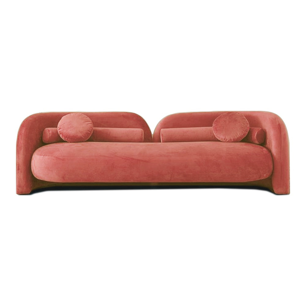 contemporary velvet upholstery sofa in pink, featuring deep cushioning and elegant tufted backrest, perfect for luxurious event seating