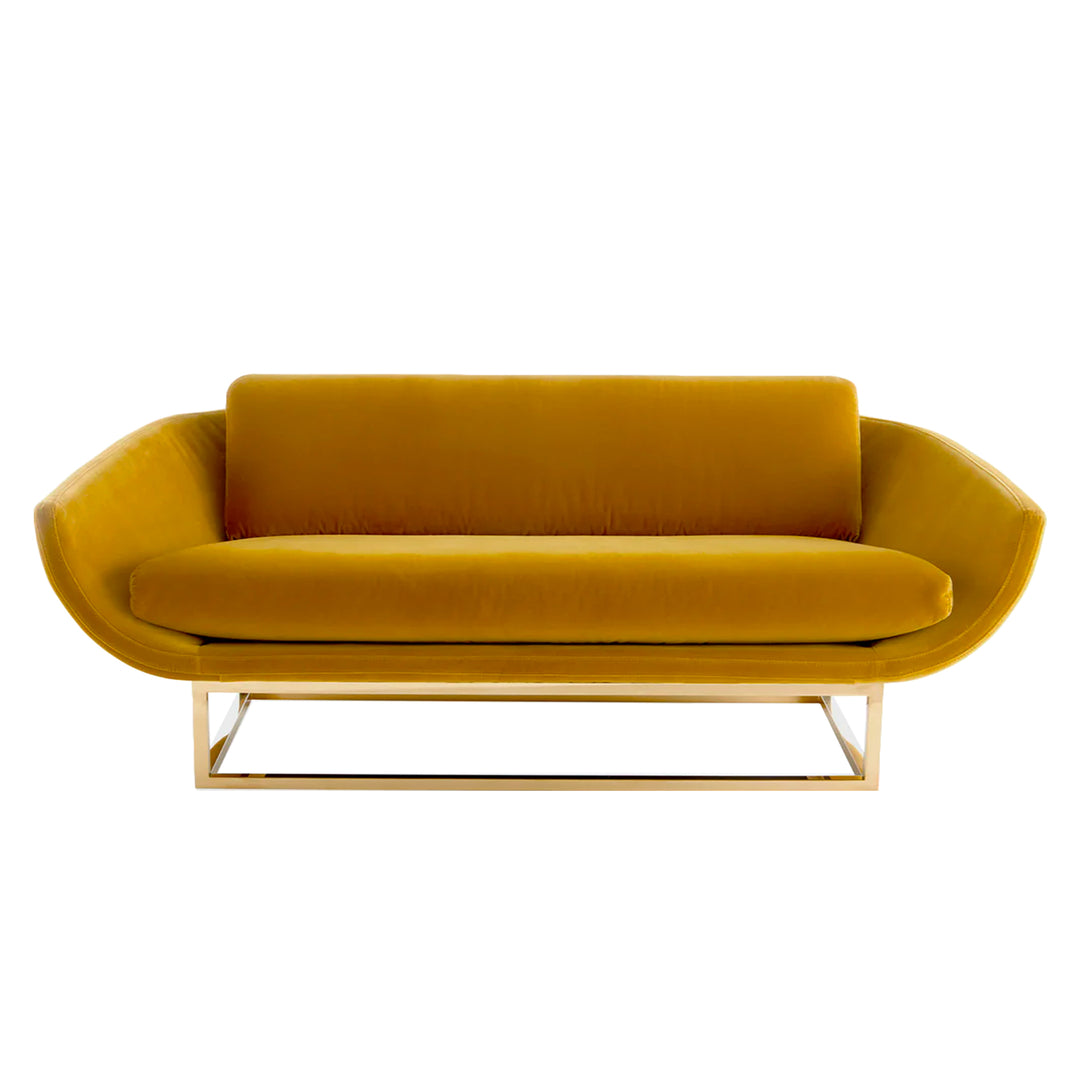 mustard contemporary upholstery sofa with metal base, perfect for luxurious event seating.